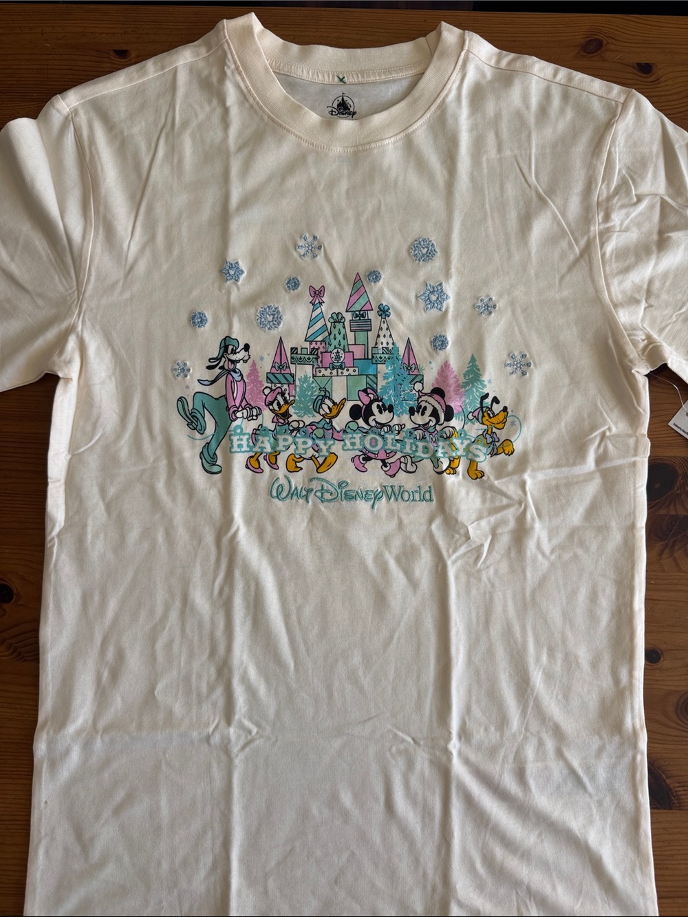Disney Walt Disney World Cream Happy Holidays Castle & Characters Tee Shirt